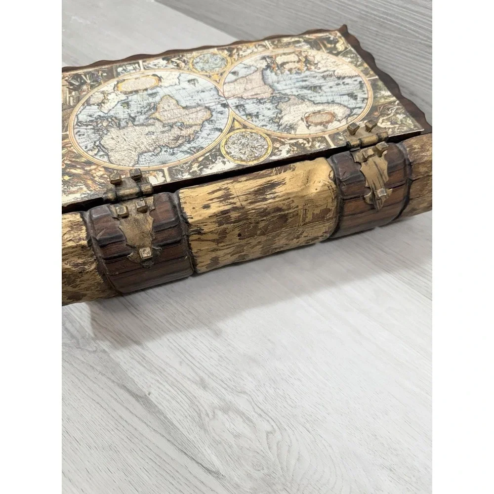 Antique World Map Wood Jewelry Box Handcrafted Book Style